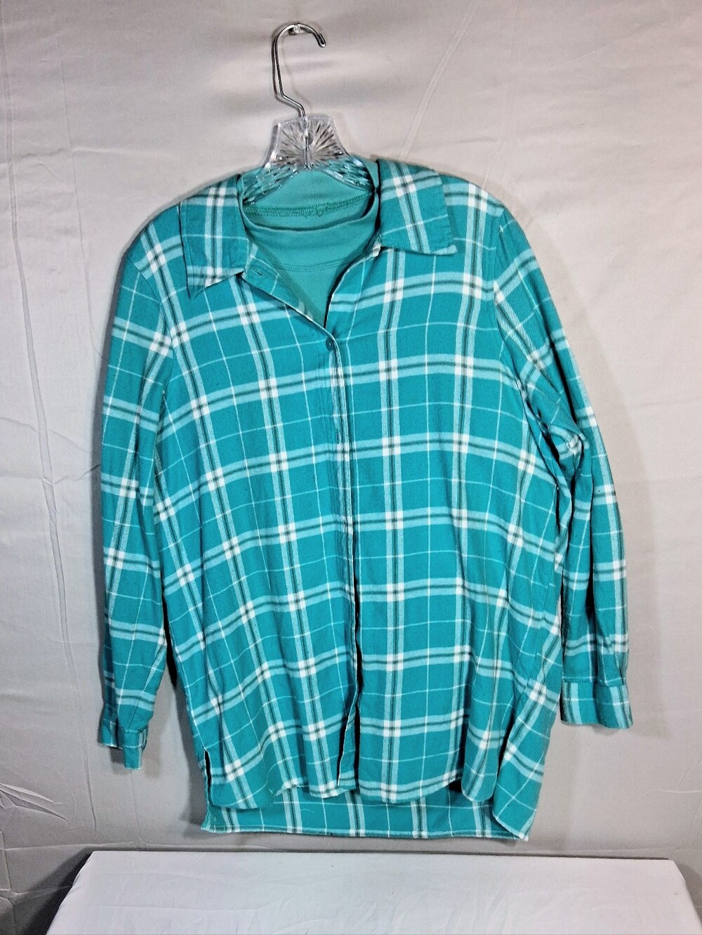 Blair Women's Plaid Flannel Buttondown Geometric Turqoise and White Shirt